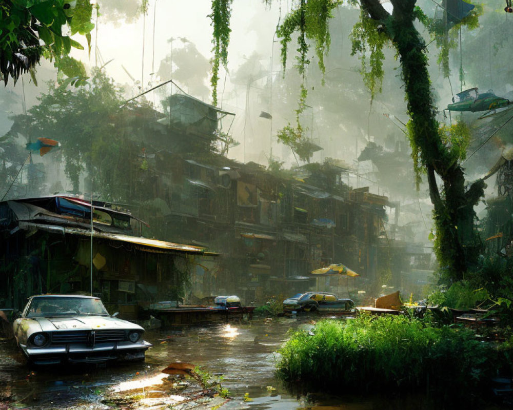 Abandoned multi-level settlement in verdant jungle