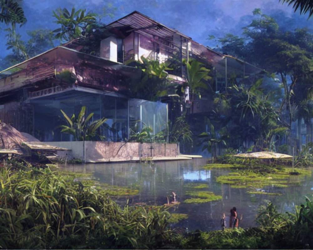 Glass house in lush wetland with figures and dense foliage