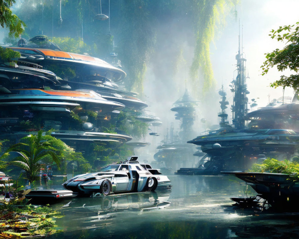 Futuristic cityscape with advanced architecture and hovering vehicles