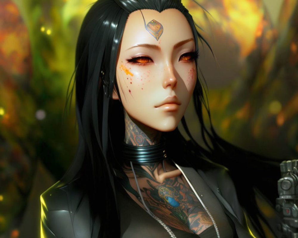 Digital Artwork: Woman with Black Hair, Tattoos, Freckles, and Cybernetic