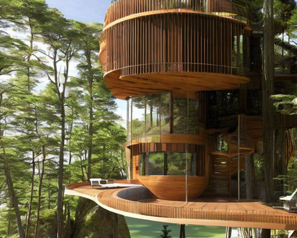 Circular Design Multi-Tiered Wooden Treehouse in Lush Forest