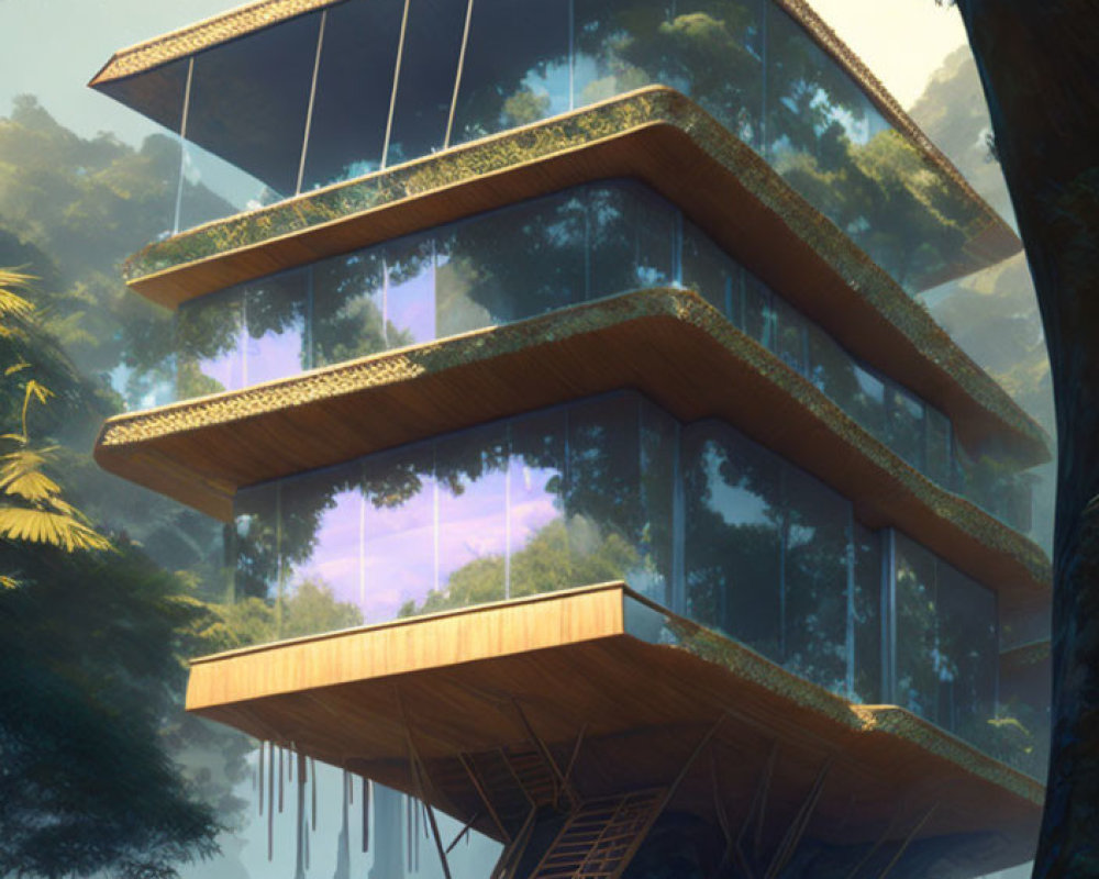 Modern multi-story building with glass walls and floating staircase in misty forest landscape