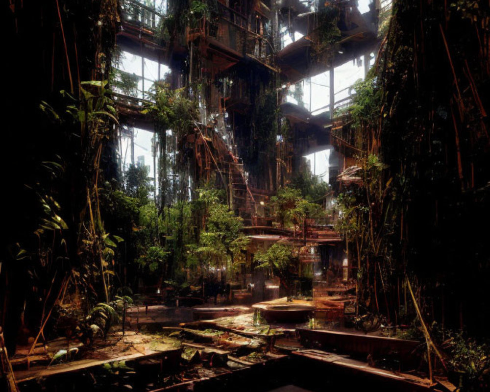 Abandoned building reclaimed by nature with vines, greenery, water, and sunlight.