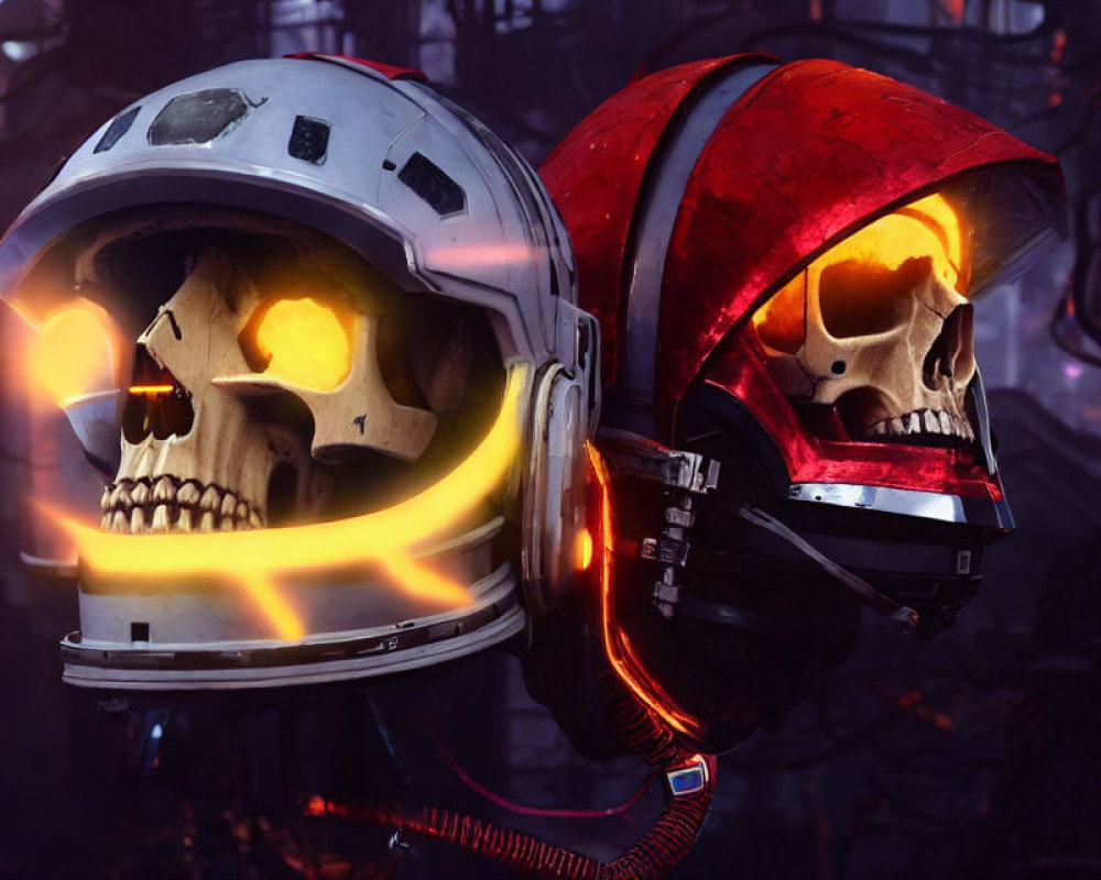 Skull-shaped helmets with glowing visor and cables on dark backdrop