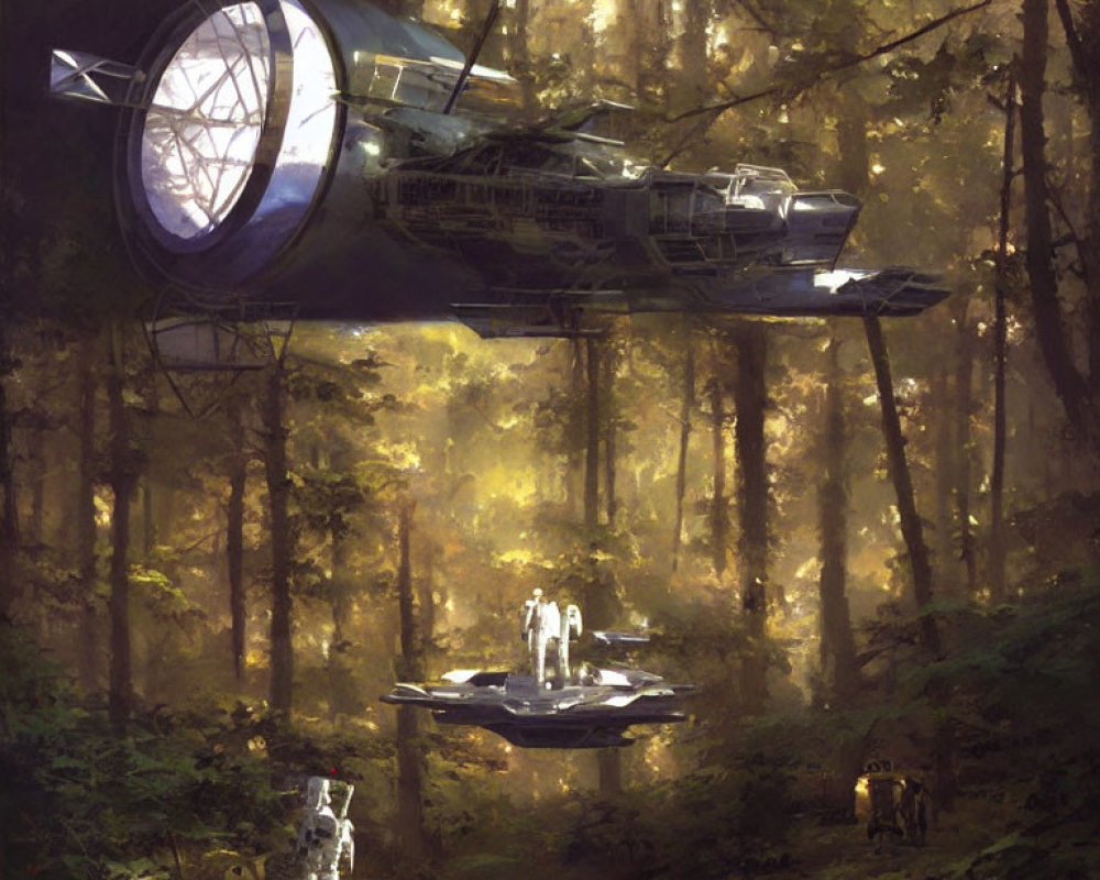 Astronaut in lush forest with hovering spacecraft, figures, and robot.