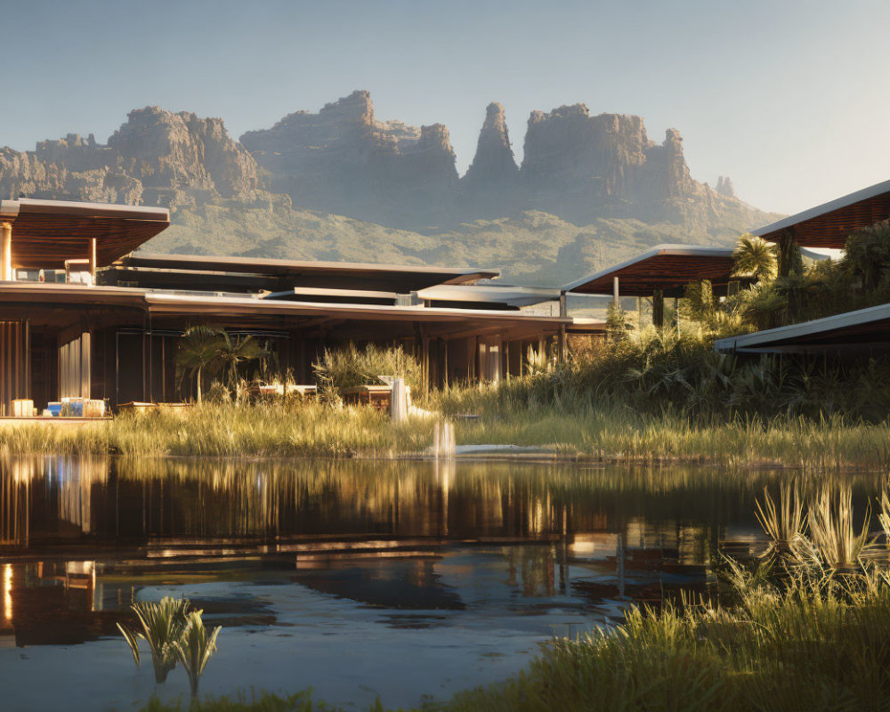 Luxurious Resort with Reflective Water Features and Majestic Mountains