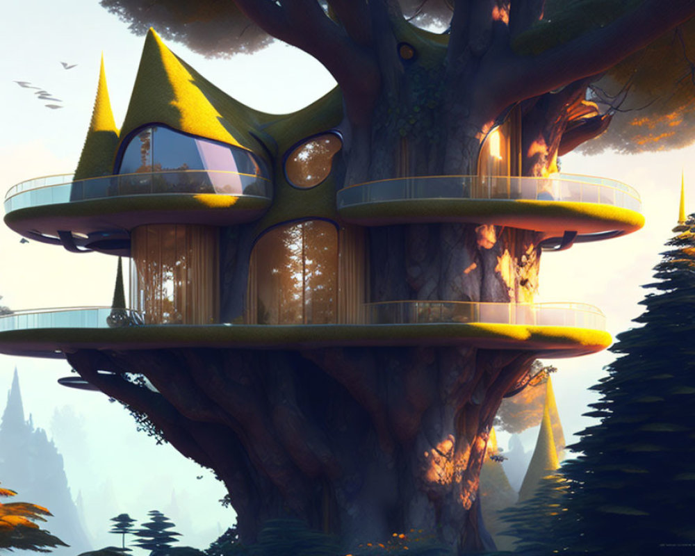 Modern Treehouse with Large Windows in Fantastical Forest