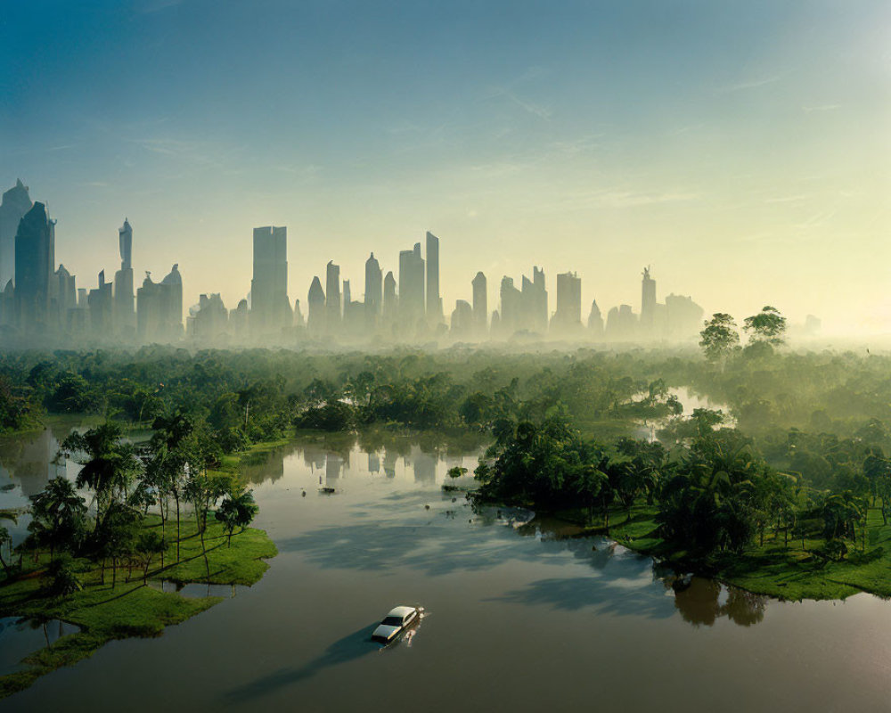 Cityscape with misty skyscrapers, calm river, lone boat, lush greenery