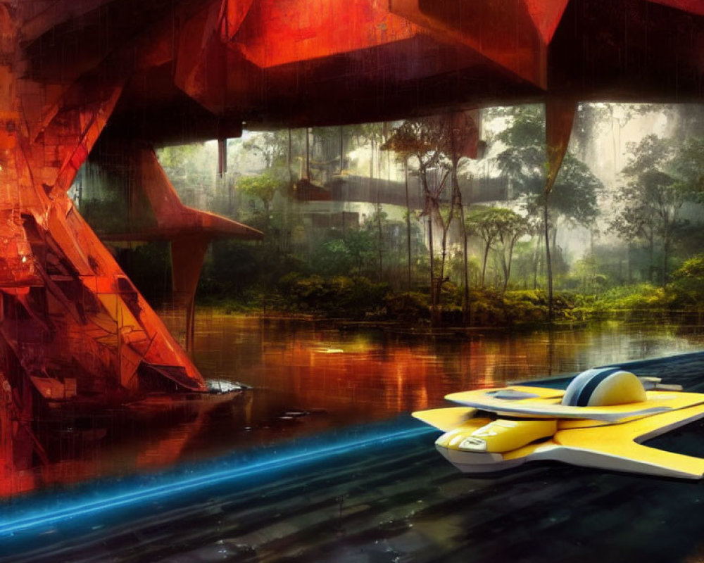 Yellow hovercraft near red structure in misty forest with sun rays