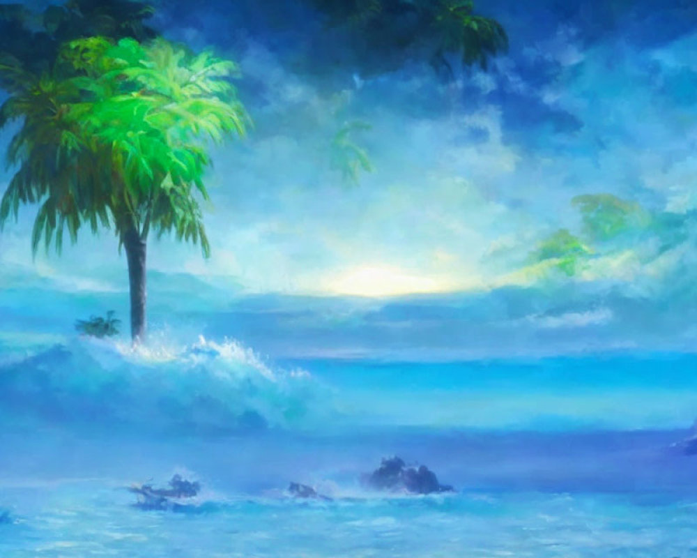 Impressionistic painting of lone palm tree by serene sea at sunrise