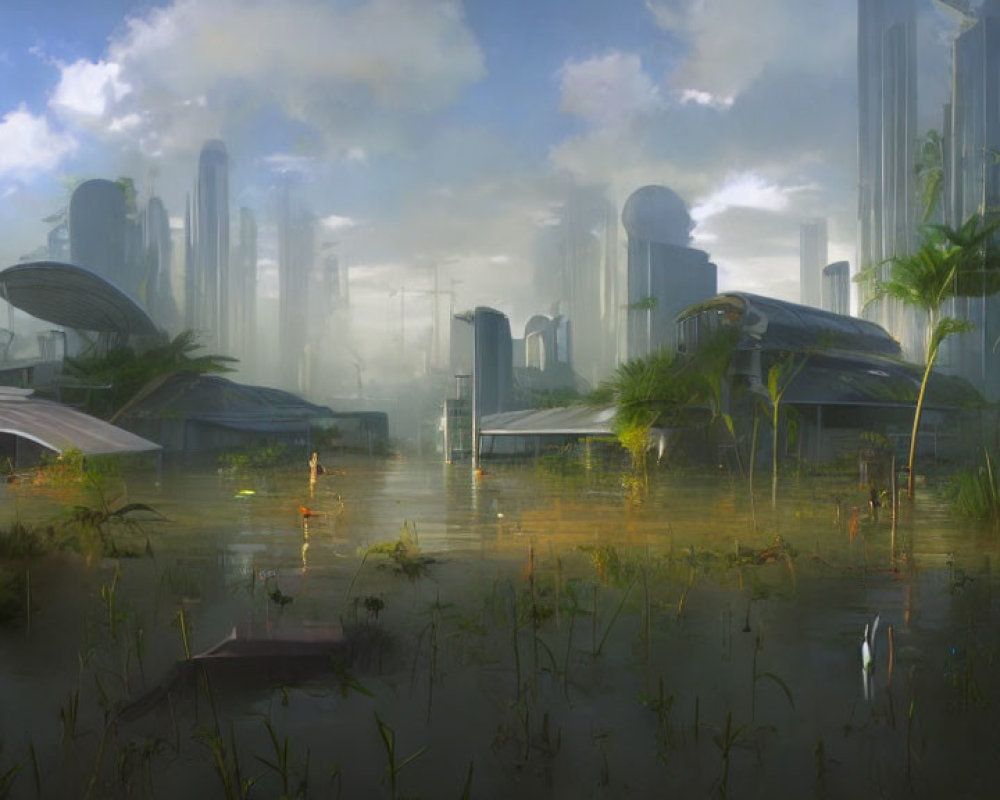 Futuristic cityscape with skyscrapers, greenery, flooded streets, sunlight reflections