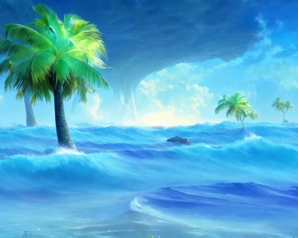 Digital Art: Serene palm trees in turbulent ocean with waterspout