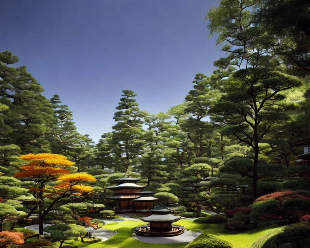 Tranquil Japanese garden with manicured trees and traditional structures