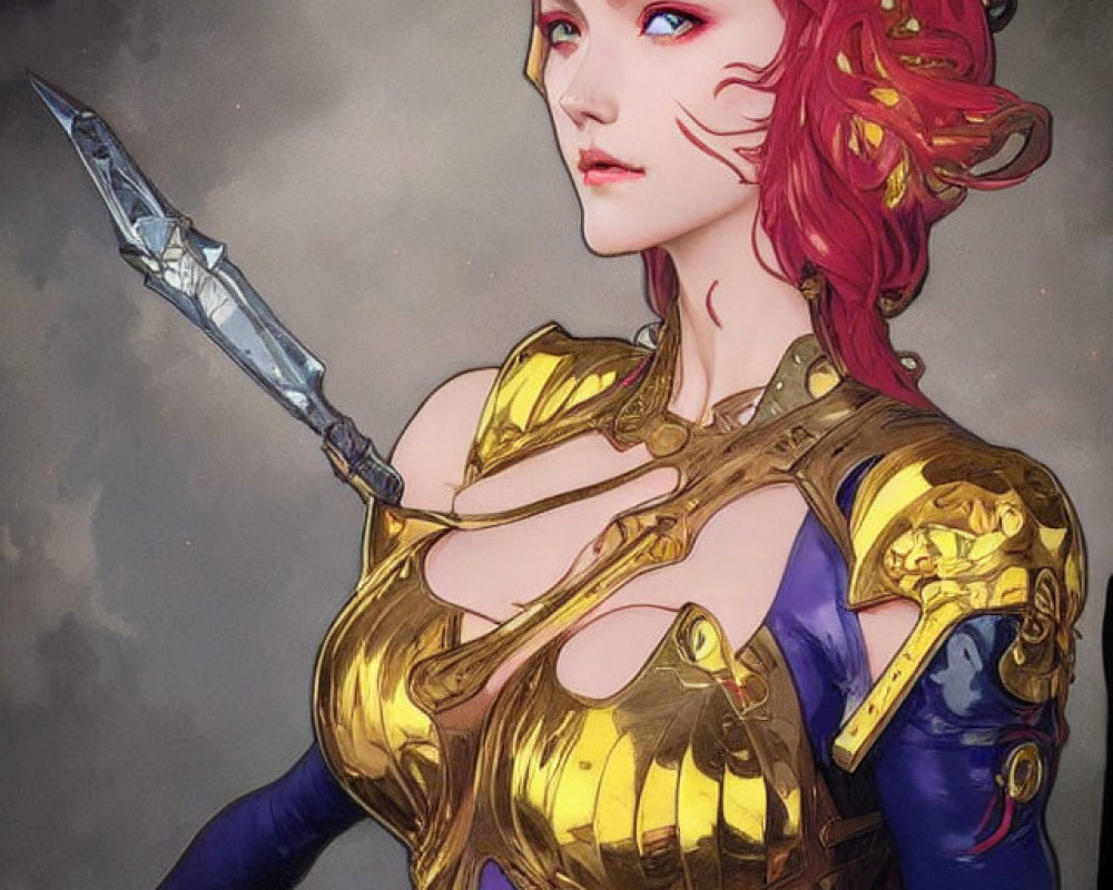 Fantasy digital artwork of a red-haired woman in gold and blue armor with a spear.