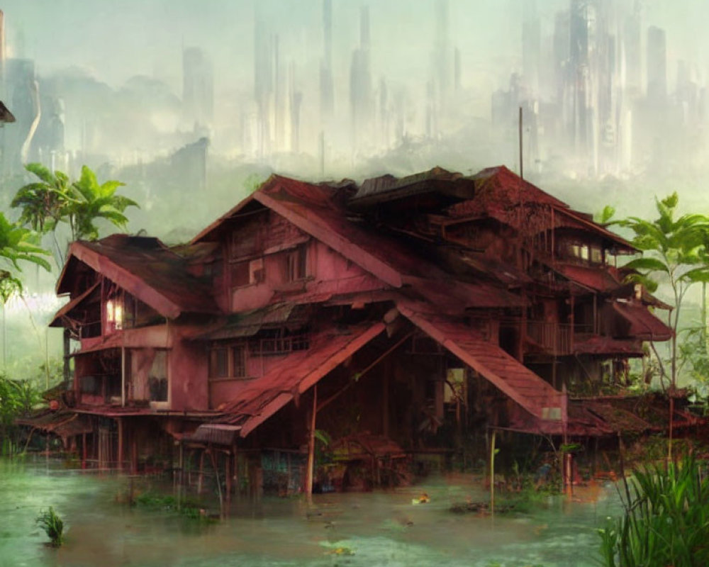 Decaying wooden buildings in swamp with lush greenery and misty city skyline.