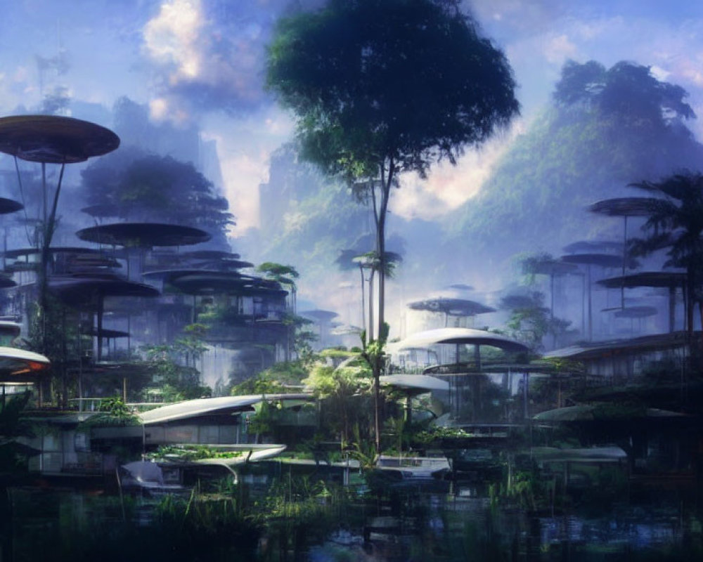 Futuristic cityscape with mushroom-shaped buildings in misty mountain setting