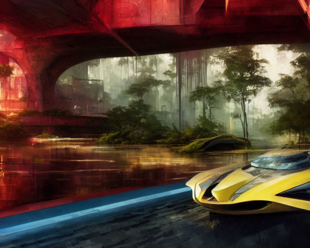 Futuristic yellow vehicle in sci-fi cityscape with red bridge and misty forest