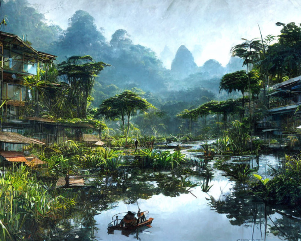 Lush Landscape with Tranquil River and Wooden Houses