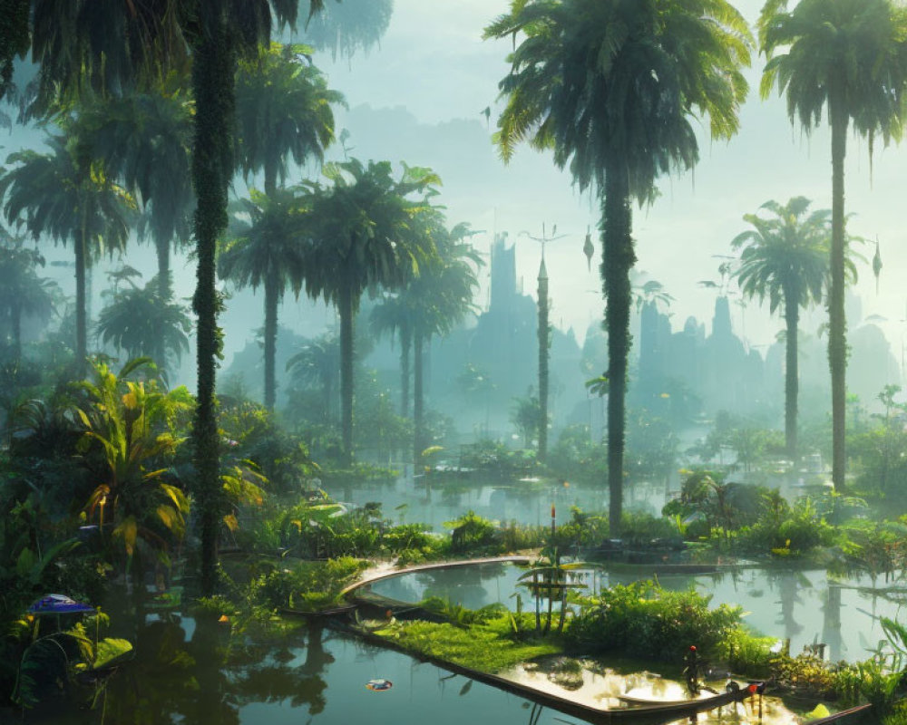 Tranquil tropical landscape with palm trees, pond, and ancient ruins