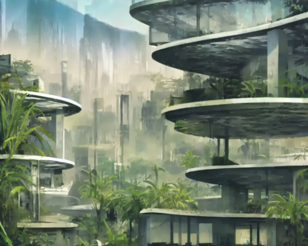 Futuristic multi-level circular cityscape in lush green setting.