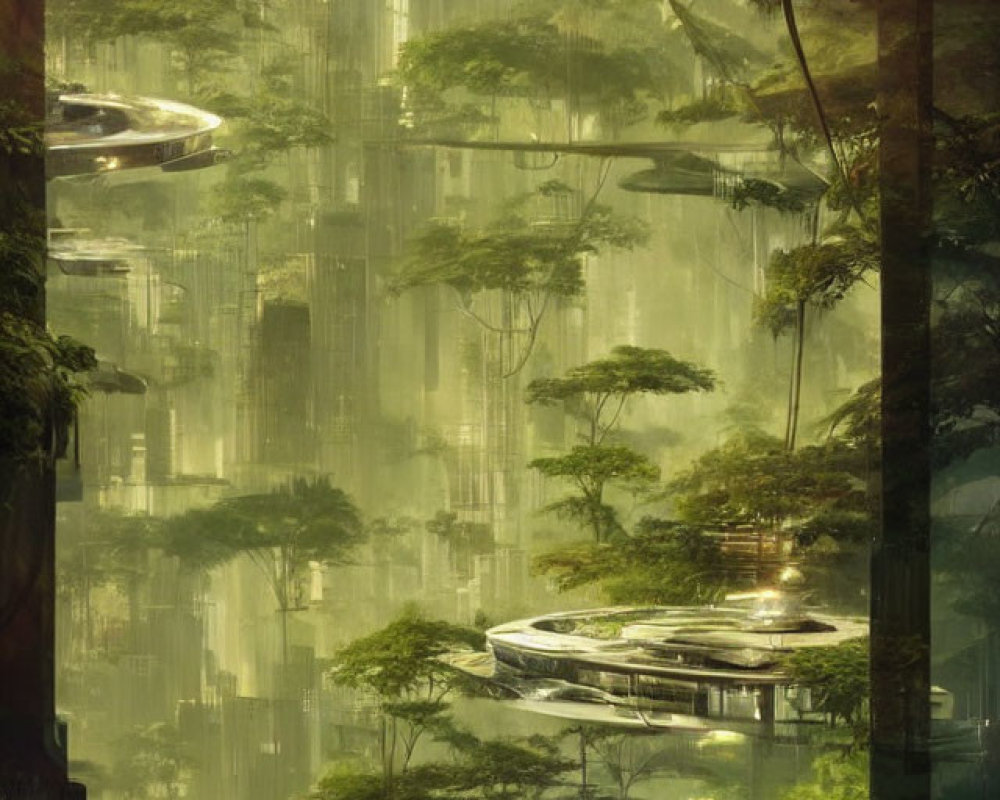 Futuristic forest with towering trees and floating platforms