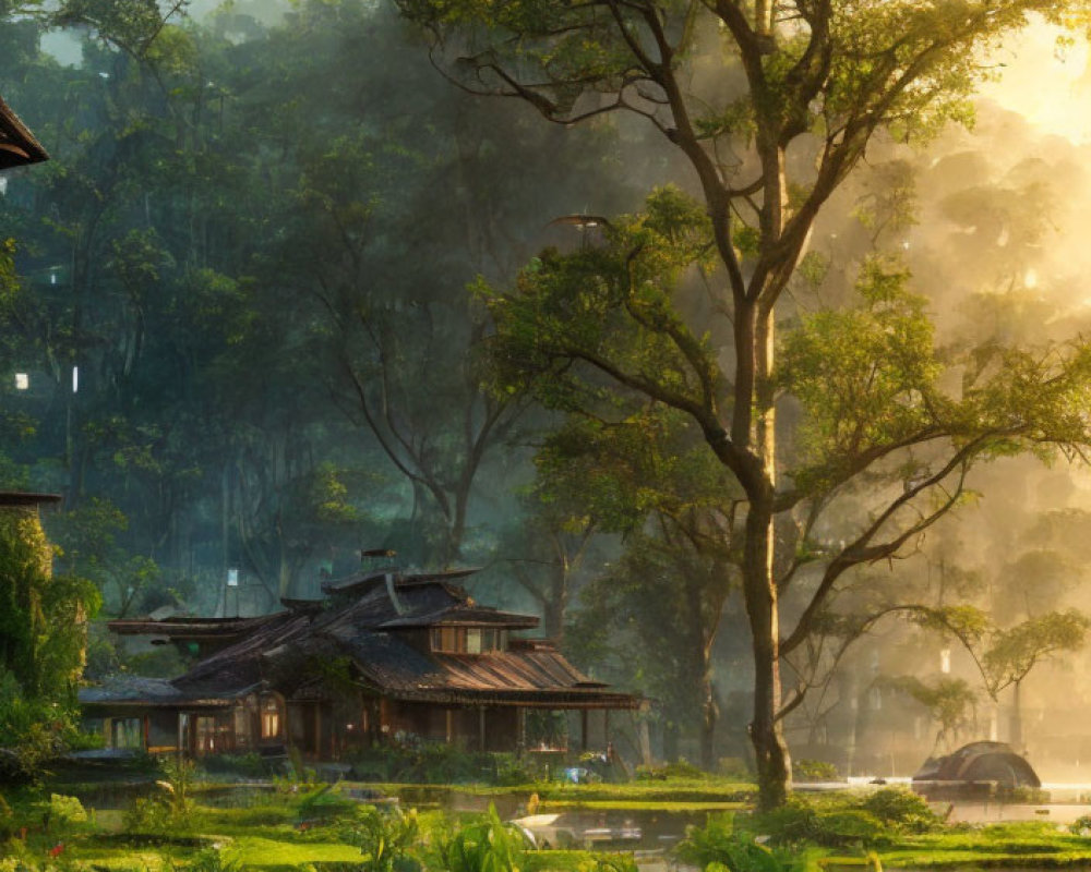 Tranquil forest sunrise with traditional house by pond