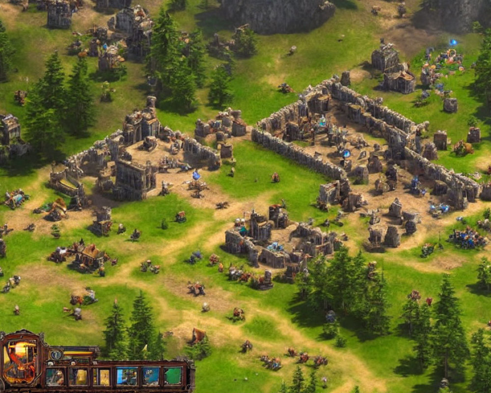 Medieval-themed strategy game with fortified settlement, buildings, units, and terrain.