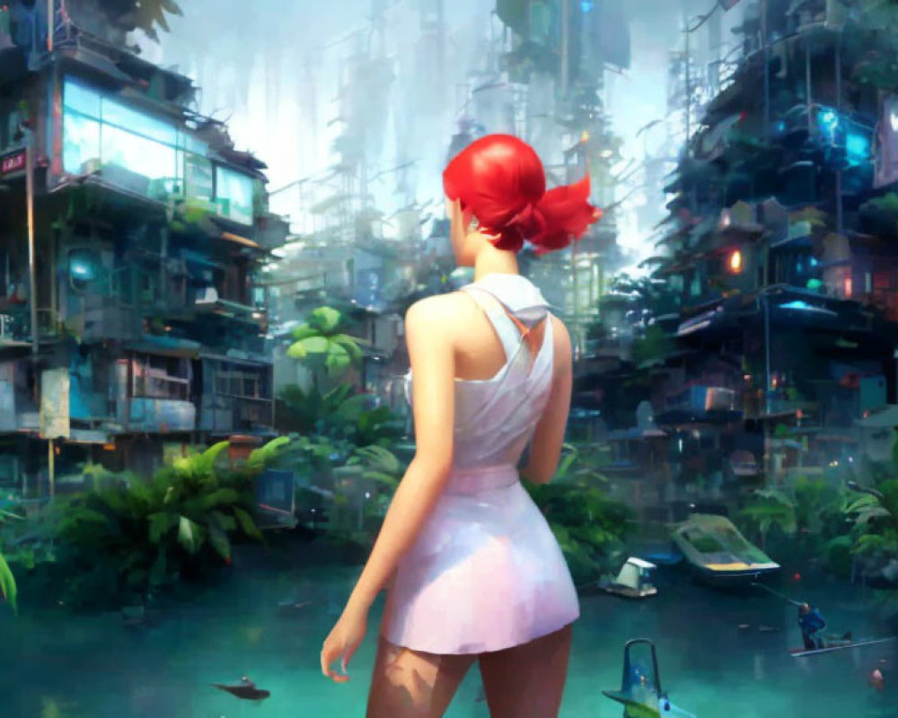 Red hairband person in front of futuristic cityscape with vegetation and waterways