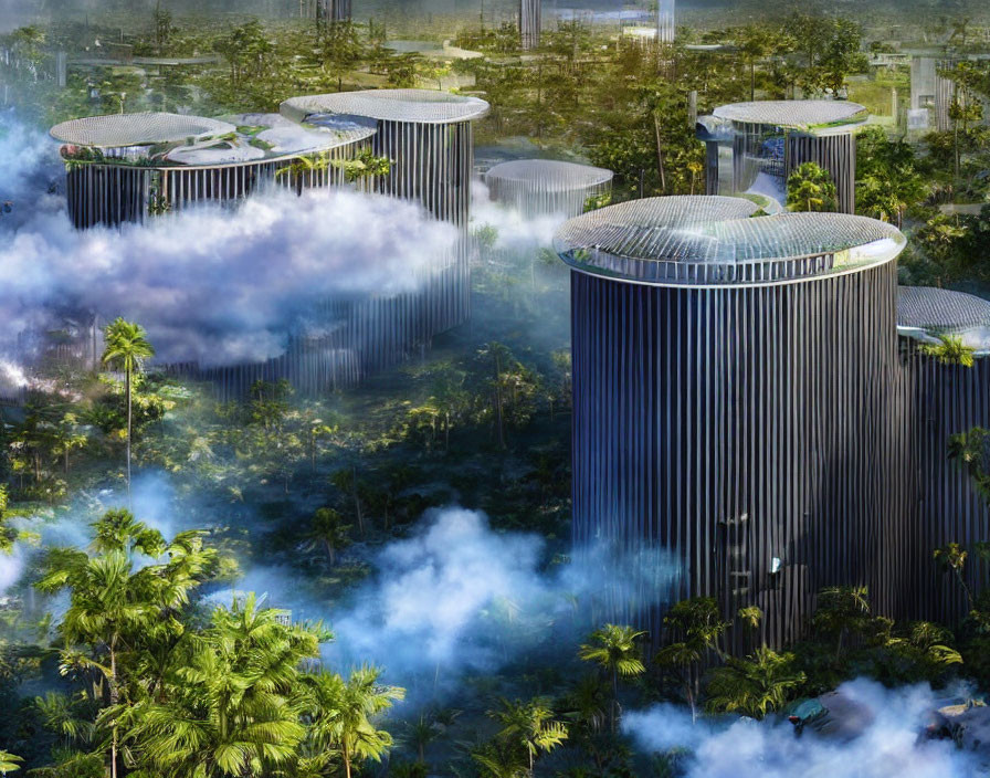 Futuristic cylindrical buildings in lush forest with mist and greenery integration