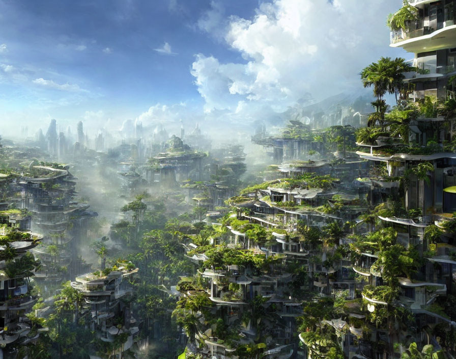 Futuristic cityscape with terraced high-rises and lush greenery in misty atmosphere