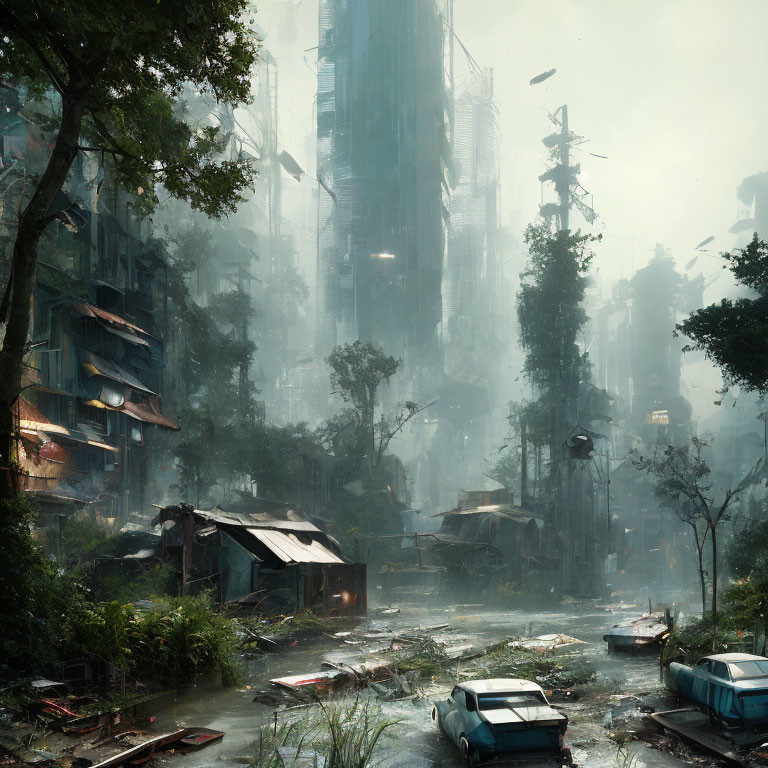 Derelict cityscape with overgrown vegetation and abandoned cars amid futuristic structures