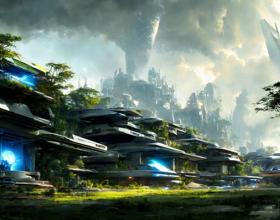 Advanced spacecraft in futuristic city with lush vegetation and towering spires