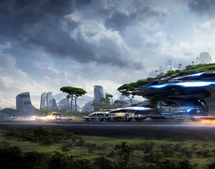 Futuristic Vehicles Hovering Above Road in Advanced Landscape