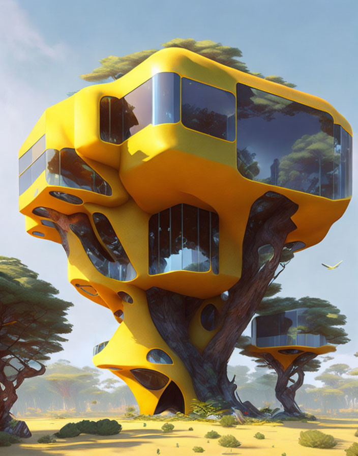 Yellow futuristic treehouse with large windows in sunlit forest