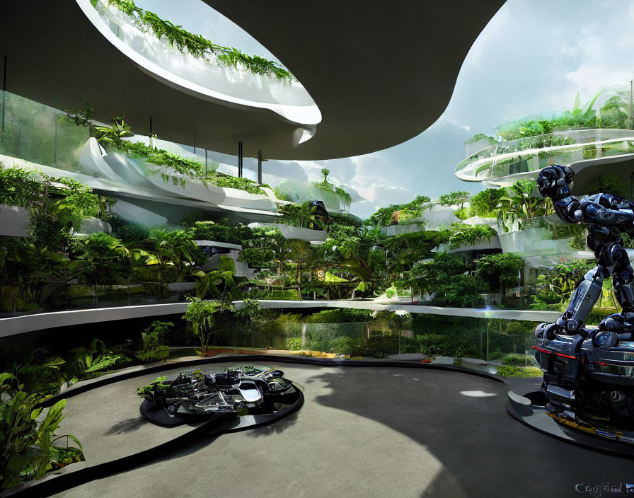 Futuristic interior with greenery, white circular structures, robots, and natural light