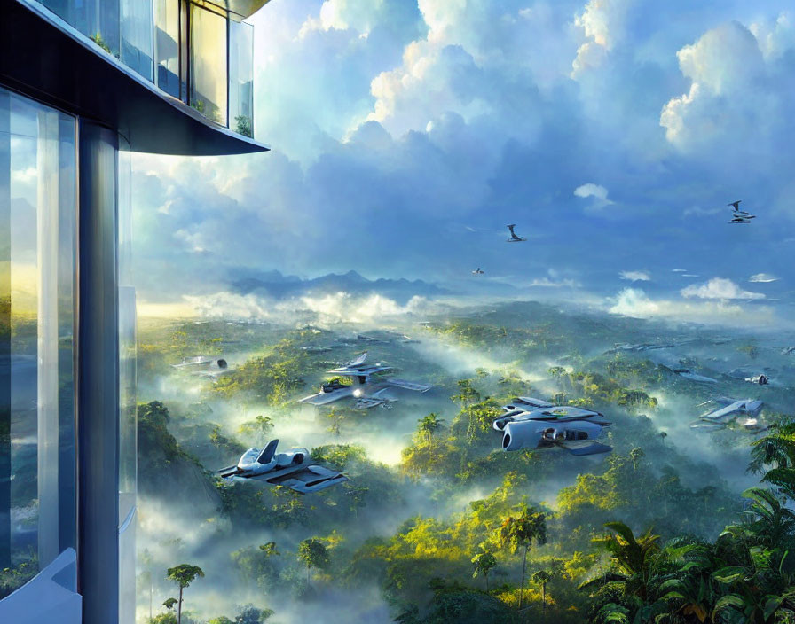 Futuristic cityscape with flying vehicles over misty forest from high-rise balcony