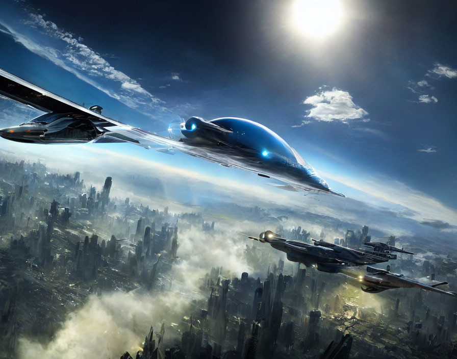 Futuristic aircraft over partly ruined cityscape under dramatic sky