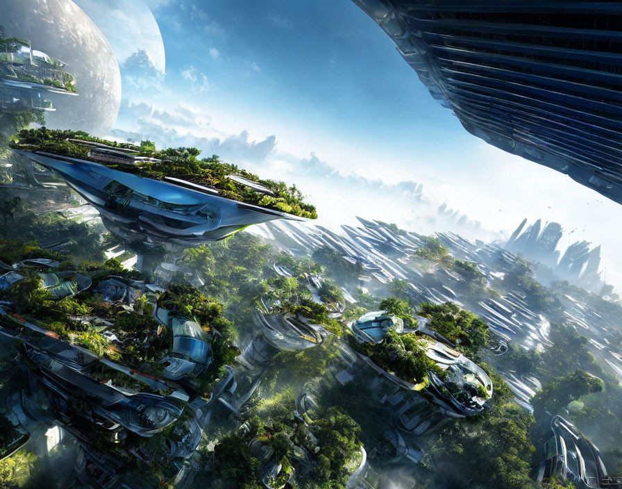 Futuristic cityscape with greenery, flying vehicles, skyscrapers, and large planet.