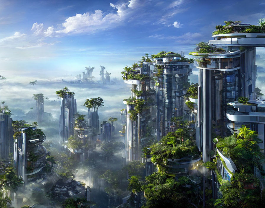 Futuristic Cityscape with Skyscrapers and Greenery in Misty Clouds