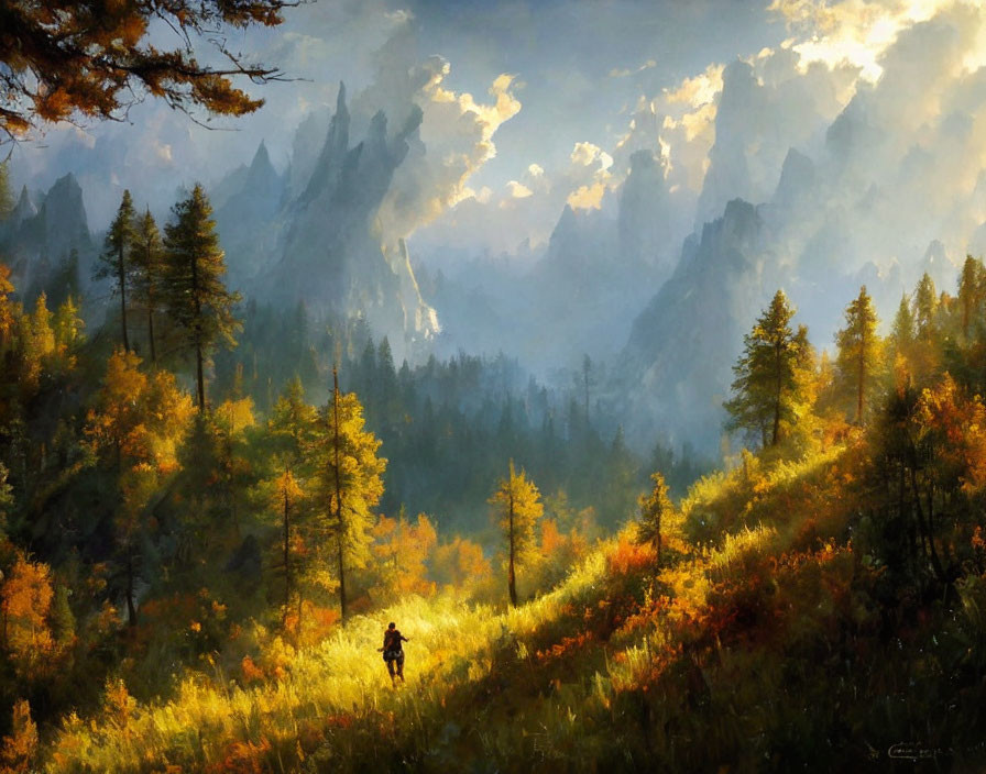 Autumnal forest scene with lone figure and mist-covered mountains