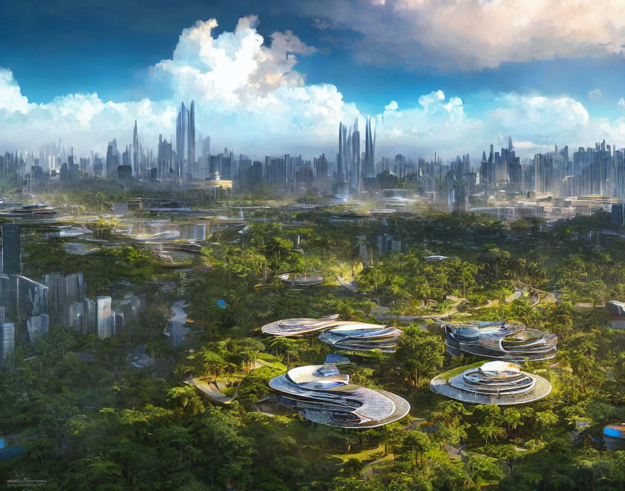 Futuristic cityscape with biodome structures and skyscrapers