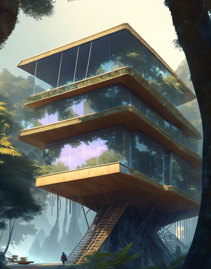 Modern multi-story building with glass walls and floating staircase in misty forest landscape