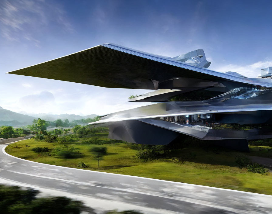 Futuristic multi-level structure in green landscape with winding road