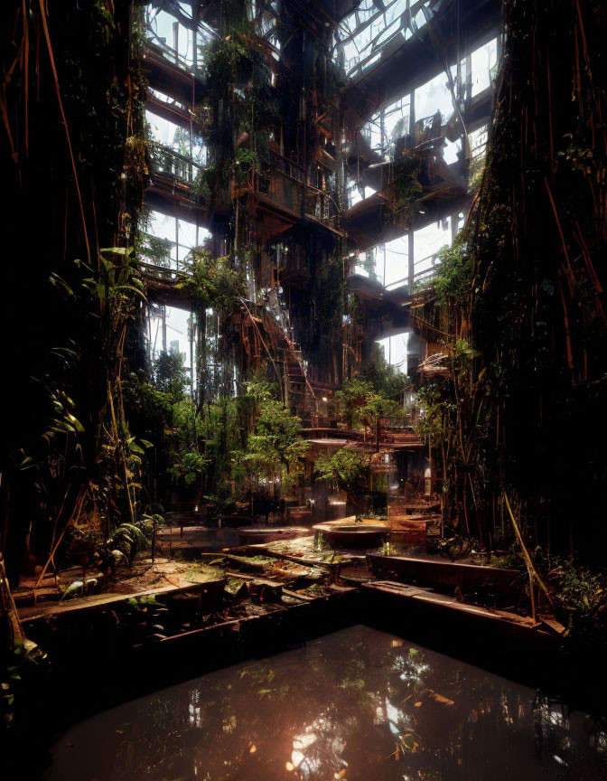 Abandoned building reclaimed by nature with vines, greenery, water, and sunlight.