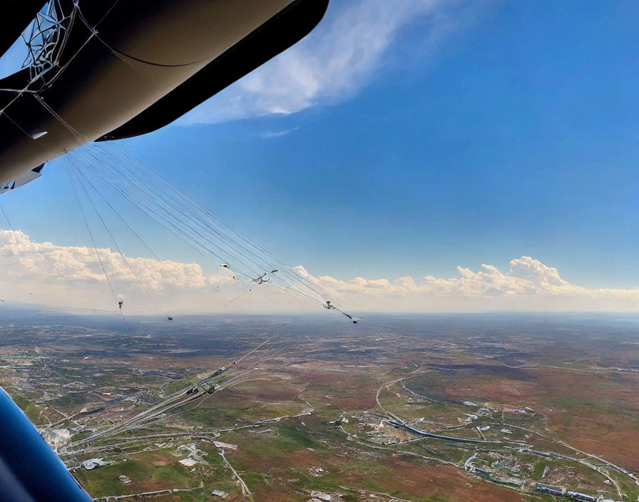 Aerial View: Hot Air Balloon Gondola, Suspension Cables, Landscape, Roads,