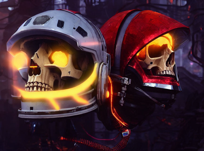 Skull-shaped helmets with glowing visor and cables on dark backdrop