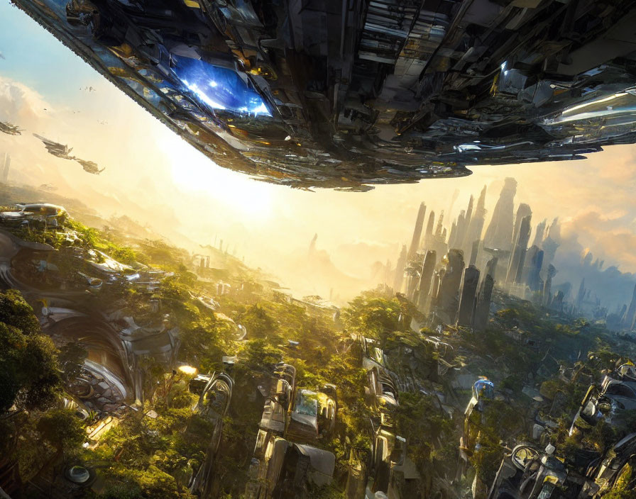 Futuristic cityscape with flying craft, skyscrapers, and greenery