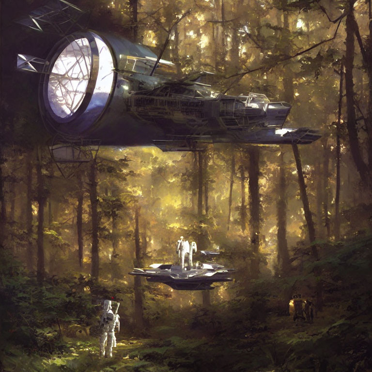 Astronaut in lush forest with hovering spacecraft, figures, and robot.