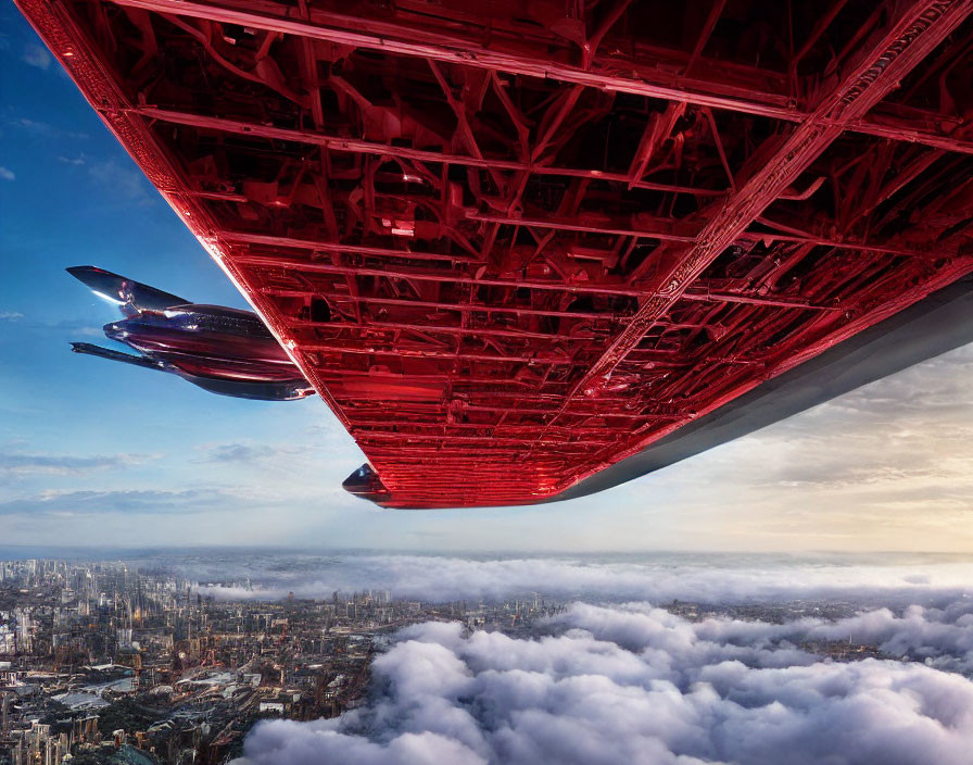 Red Spaceship Hovering Above City Clouds with Two Smaller Crafts - Sci-fi Ambiance