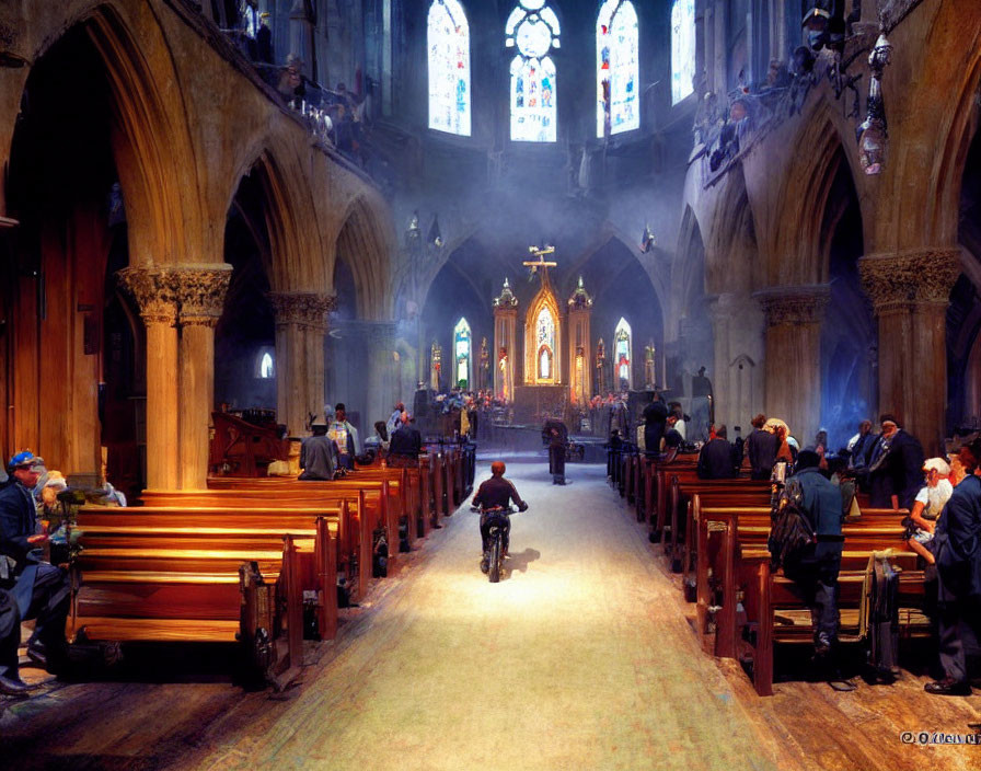 Motorcyclist rides through crowded church during service